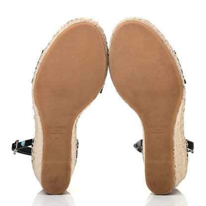 Valentino Garavani Grained Calfskin Rockstud Rolling Ankle Strap Espadrille Wedge Sandals 41 Black 5 of 8
