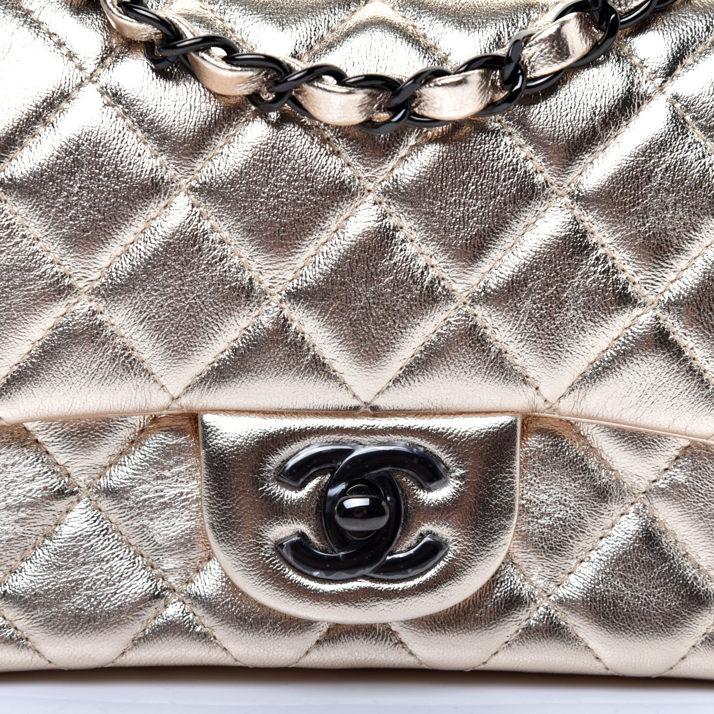 Metallic Lambskin Quilted Mini Square Flap Gold Black