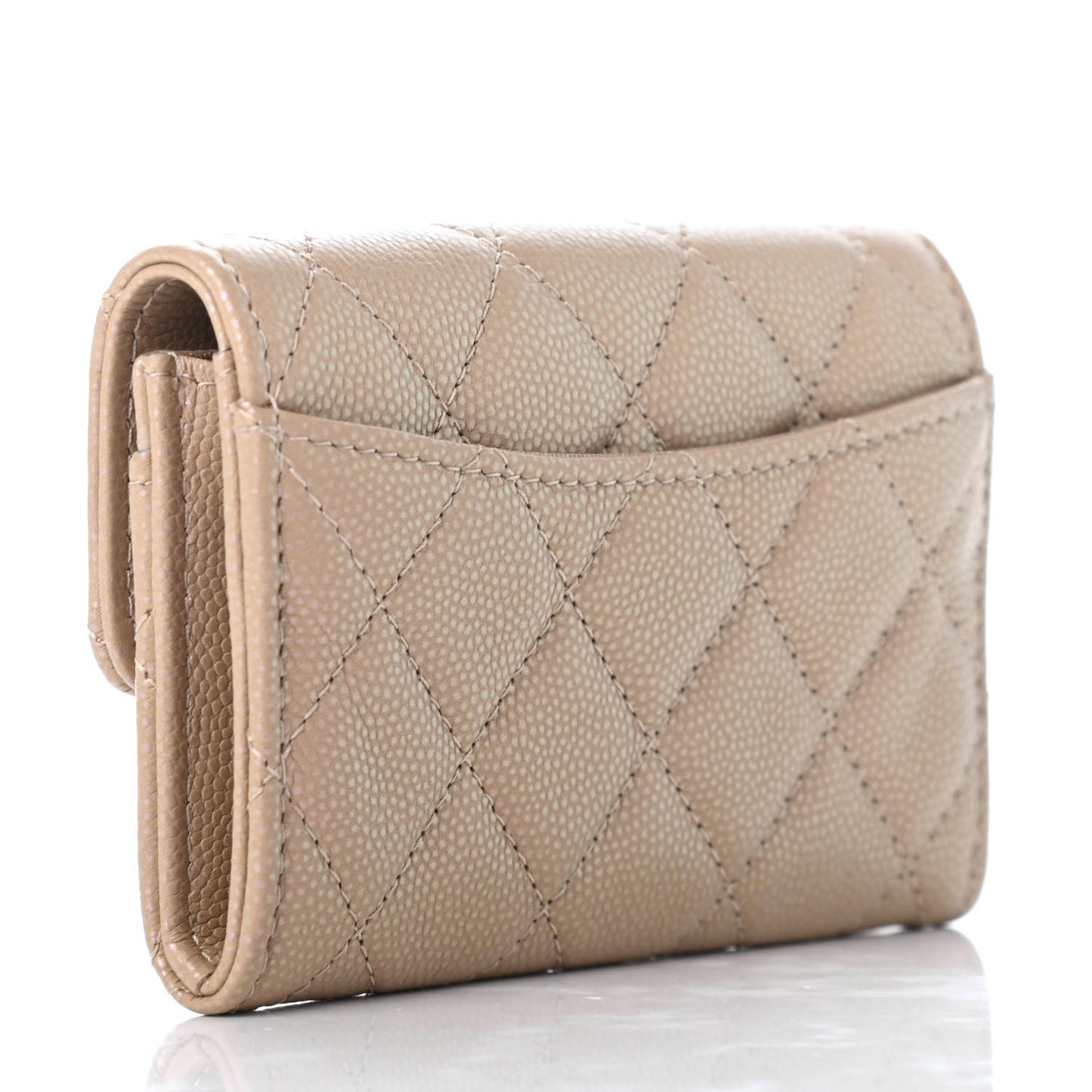 Iridescent Caviar Quilted Flap Card Holder Wallet Beige