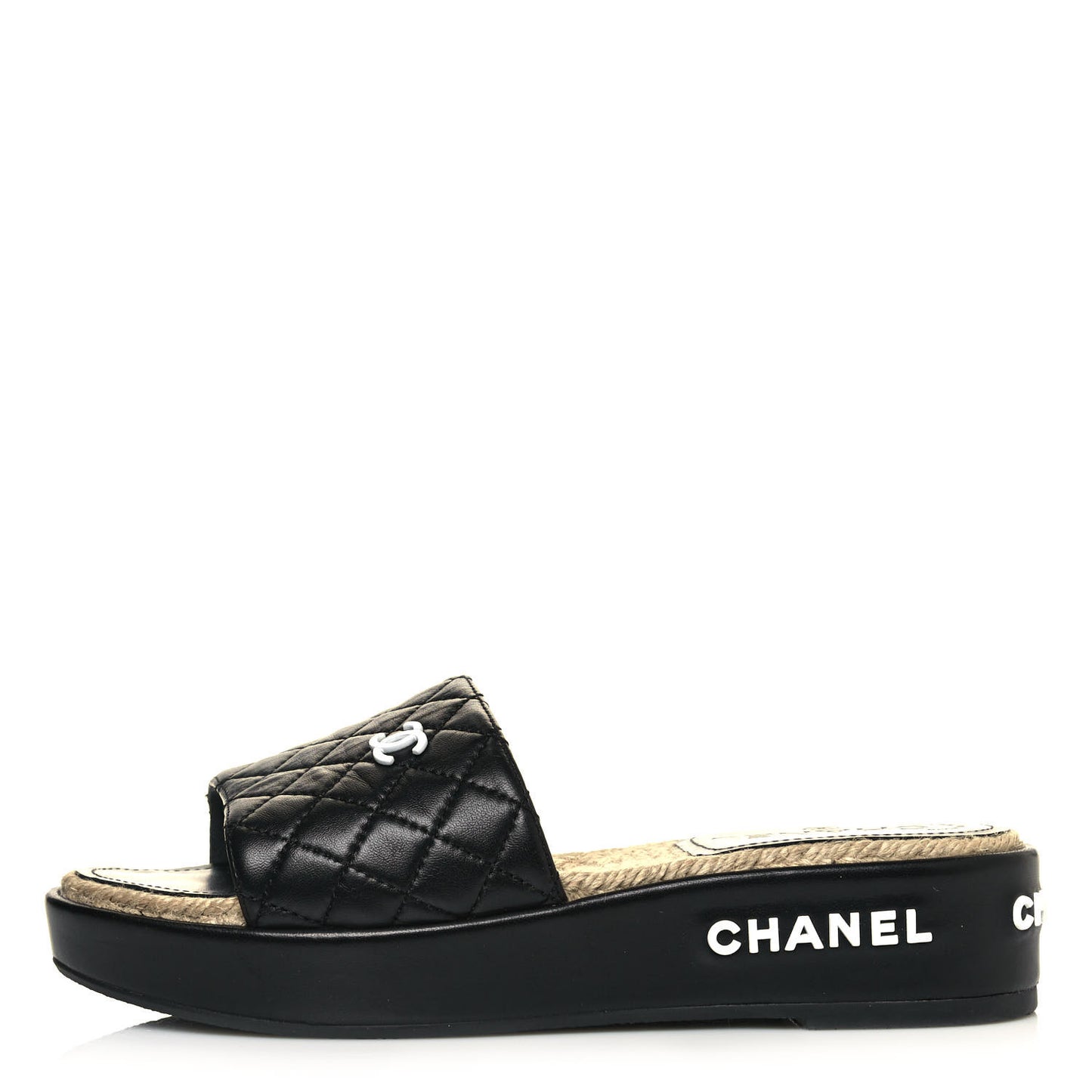 Lambskin Quilted CC Espadrille Slip On Sandals 38 Black