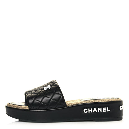 Chanel Lambskin Quilted CC Espadrille Slip On Sandals 38 Black 1 of 10