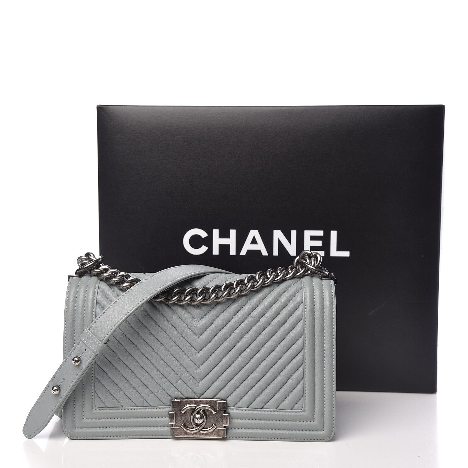 Chanel Wrinkled Lambskin Chevron Quilted Medium Boy Flap Light Blue 14 of 14