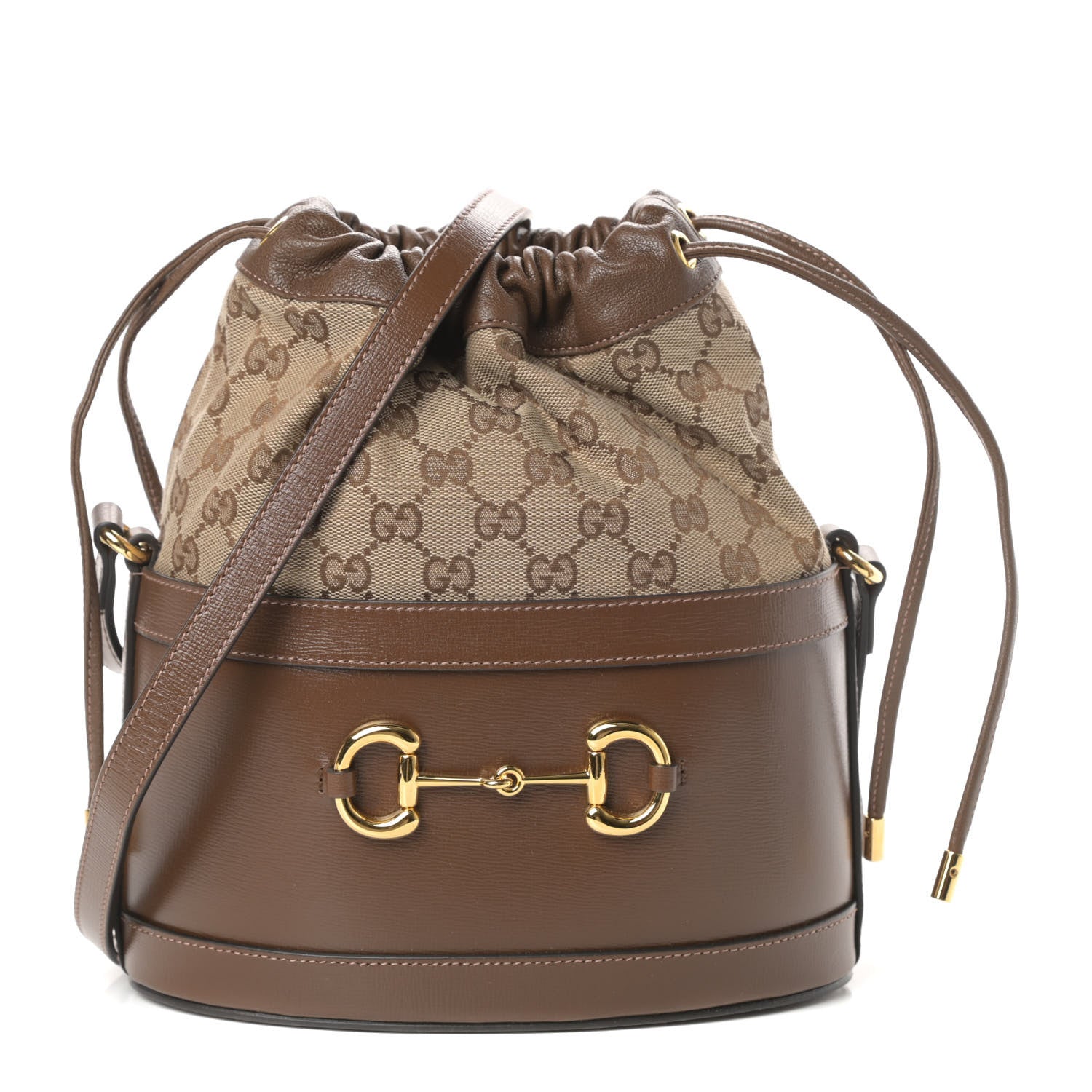 Gucci Monogram Textured Calfskin Horsebit 1955 Drawstring Bucket Bag Beige Brown Sugar 1 of 9