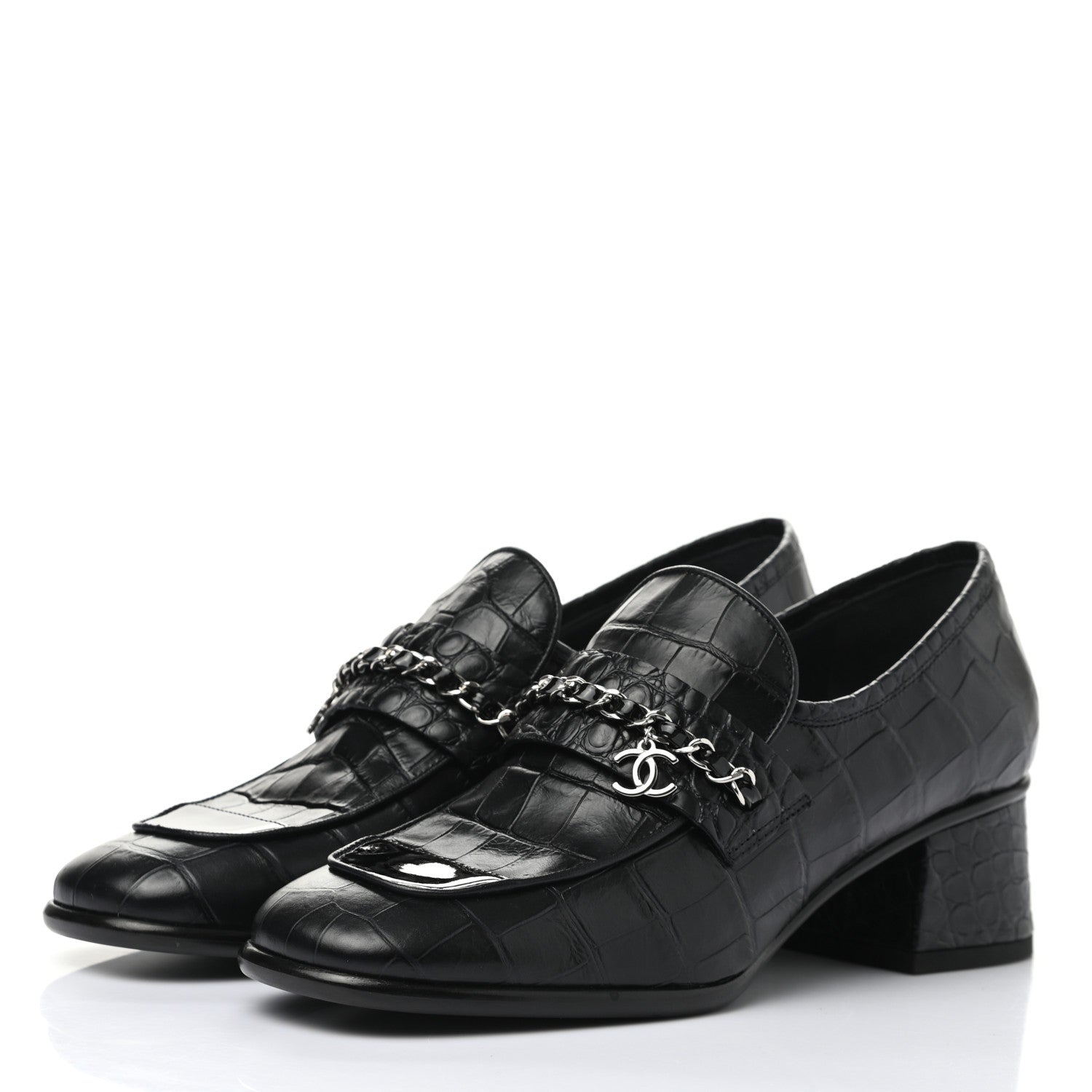Chanel Calfskin Crocodile Embossed CC Chain Mocassin Loafers 37.5 Navy Black 3 of 8