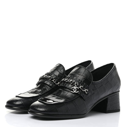 Chanel Calfskin Crocodile Embossed CC Chain Mocassin Loafers 37.5 Navy Black 3 of 8