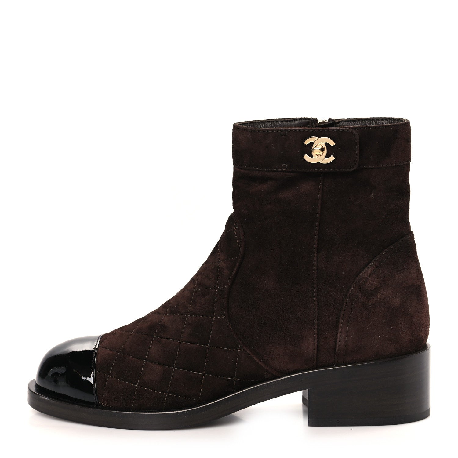 Chanel Suede Patent Calfskin Quilted Cap Toe Short Boots 38 Brown Black 1 of 9