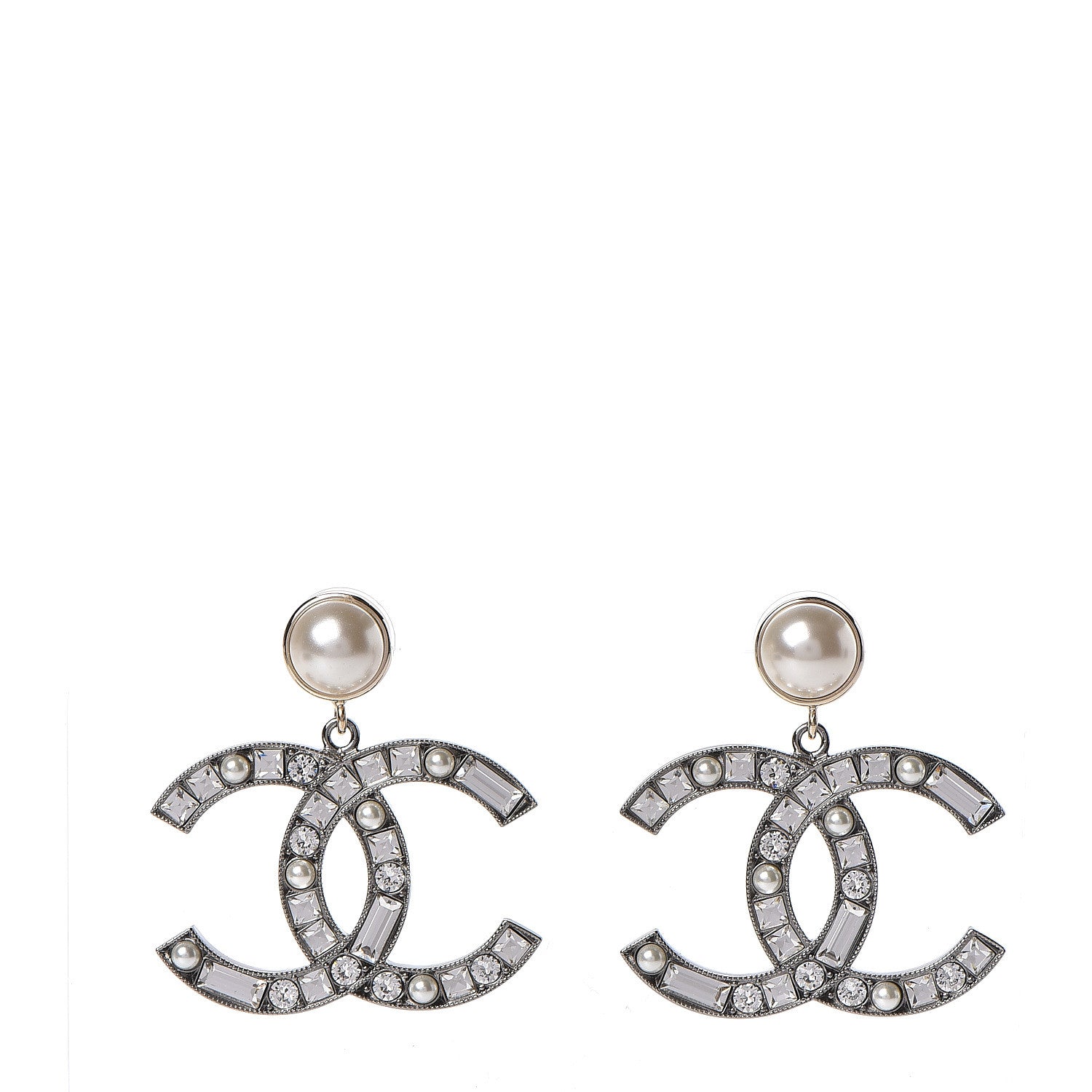 Chanel Crystal Baguette Pearl Bright Young Things CC Drop Earrings Silver 1 of 5