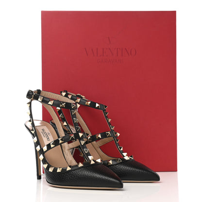 Valentino Garavani Pebbled Calfskin Rockstud Ankle Strap 100mm Pumps 35 Black 9 of 9