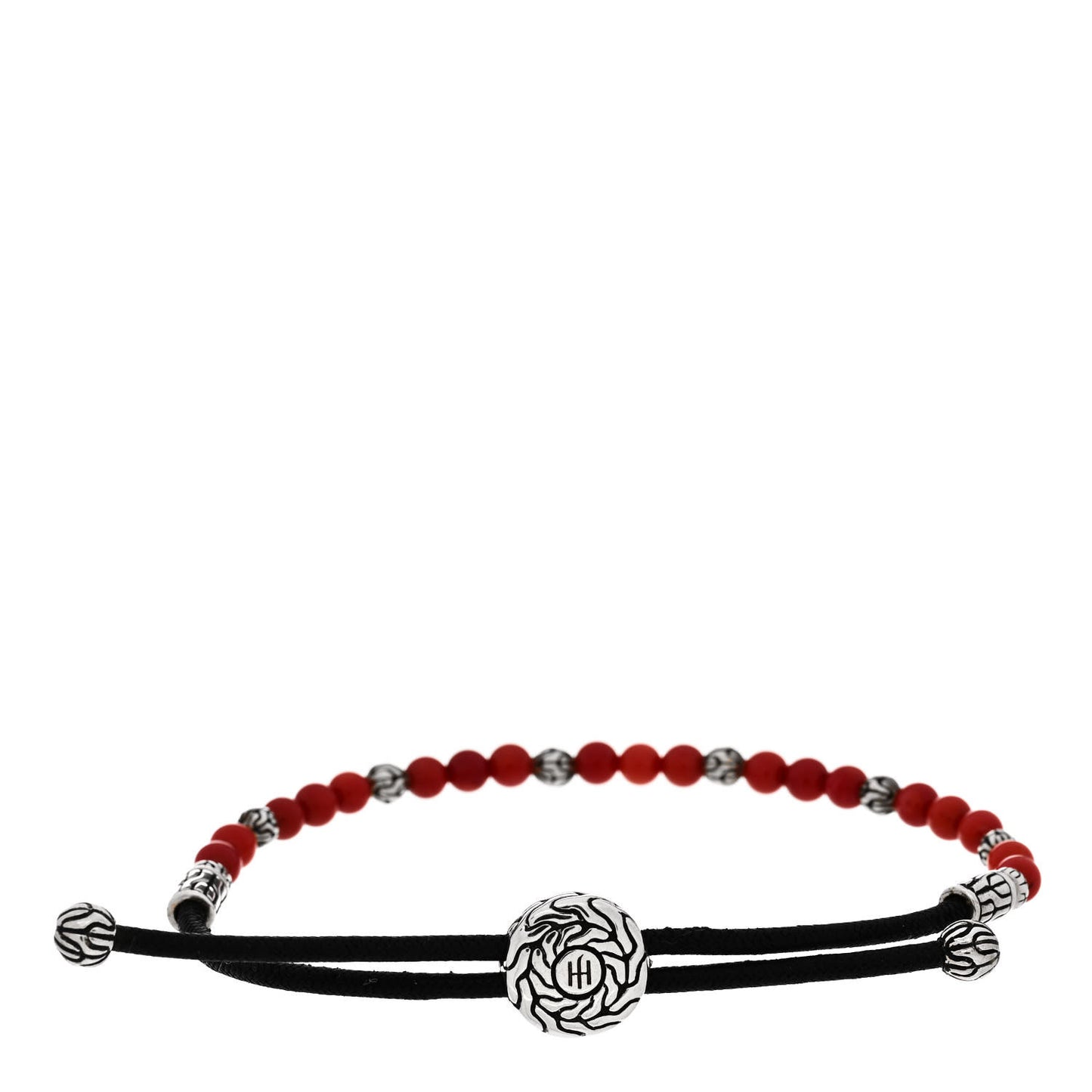 Sterling Silver Red Coral Classic Chain Bead Cord Bracelet Black
