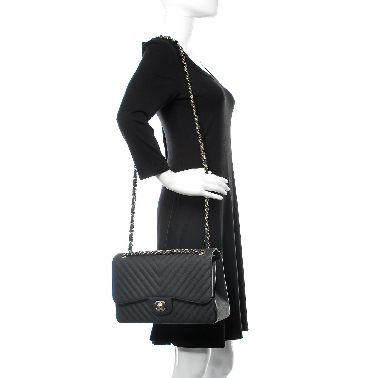Caviar Chevron Quilted Jumbo Double Flap Black