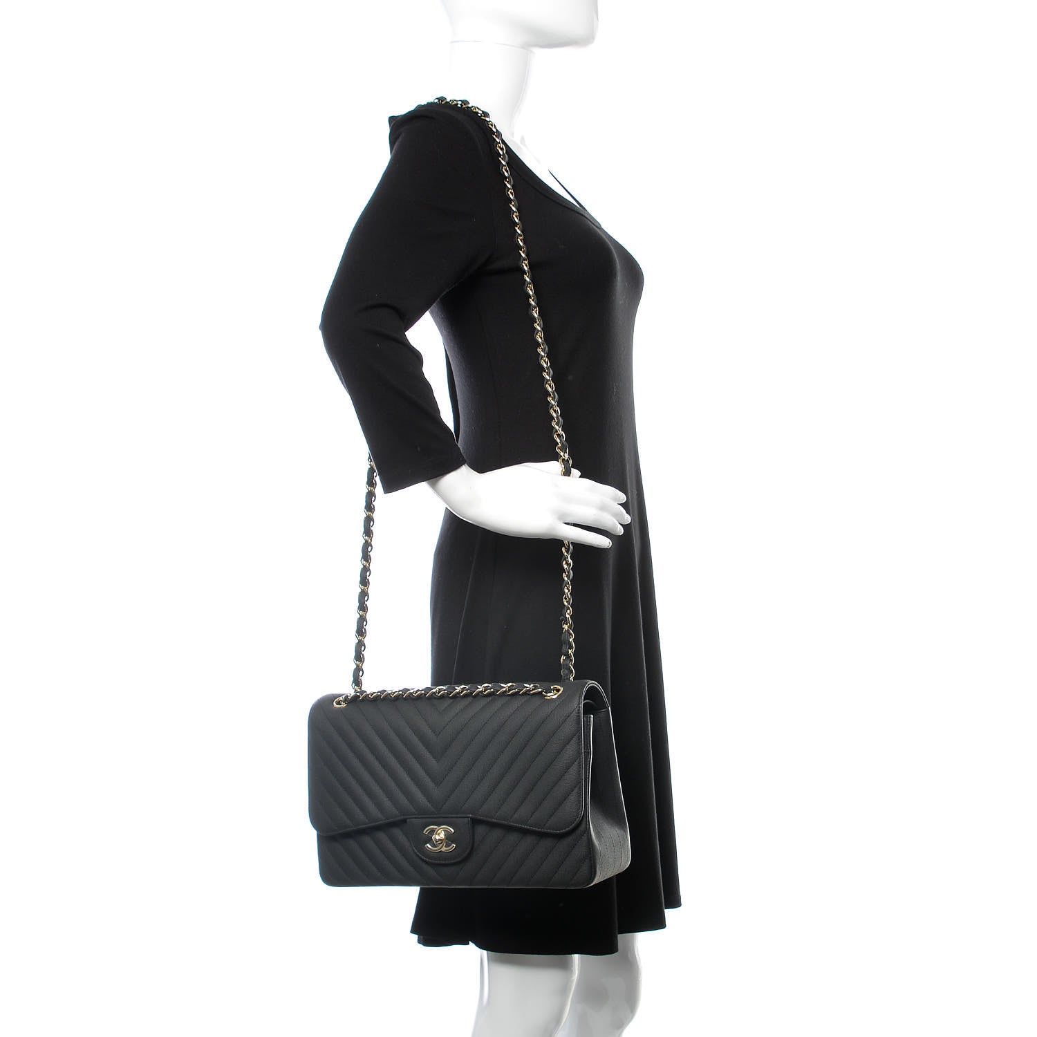 Chanel Caviar Chevron Quilted Jumbo Double Flap Black 3 of 11
