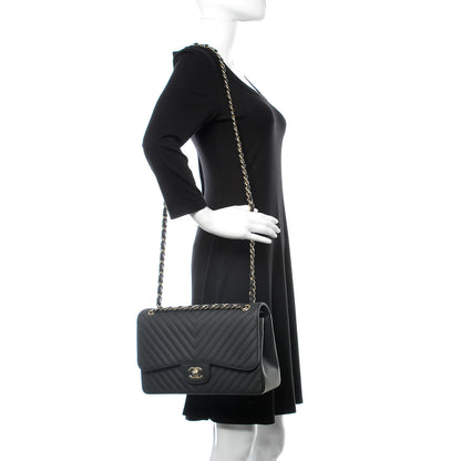Chanel Caviar Chevron Quilted Jumbo Double Flap Black 3 of 11