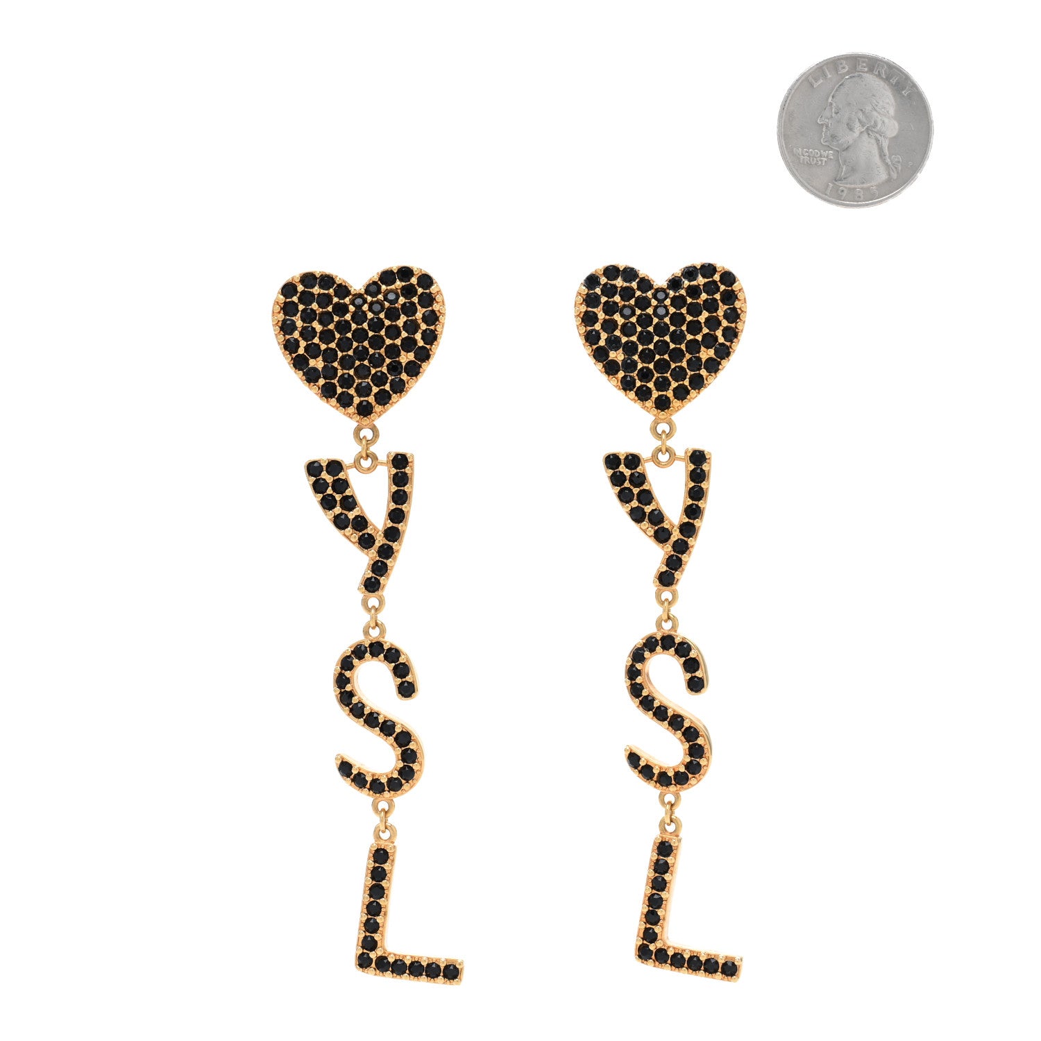 Saint Laurent Brass Crystal Monogram Heart Drop Clip Earrings Gold Black 2 of 4