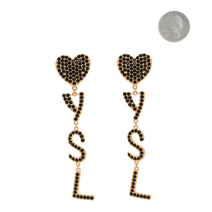 Saint Laurent Brass Crystal Monogram Heart Drop Clip Earrings Gold Black 2 of 4