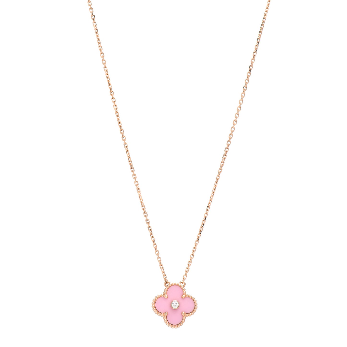 18K Rose Gold Diamond Pink Porcelain Vintage Alhambra Pendant Necklace