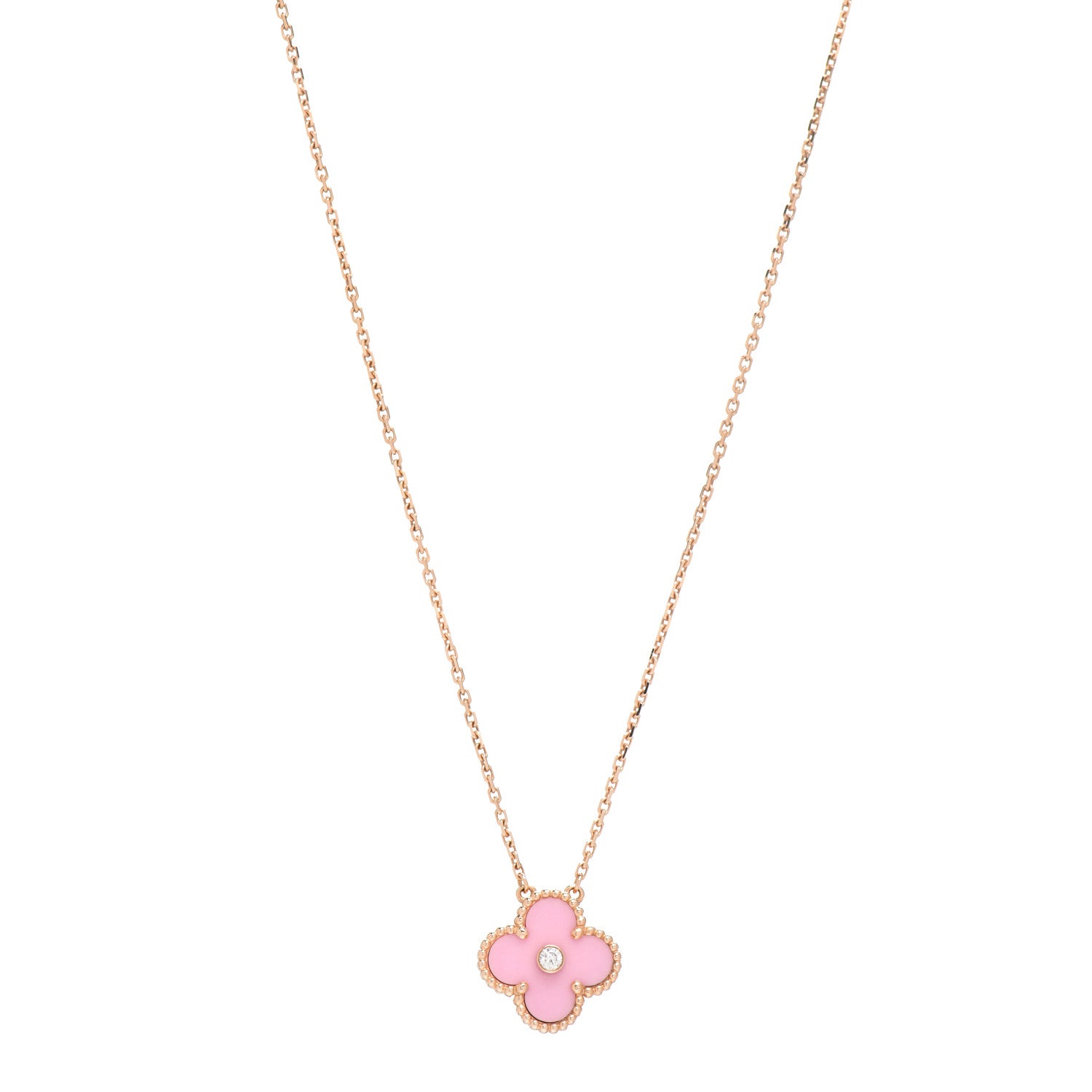 Van Cleef & Arpels 18K Rose Gold Diamond Pink Porcelain Vintage Alhambra Pendant Necklace 1 of 5
