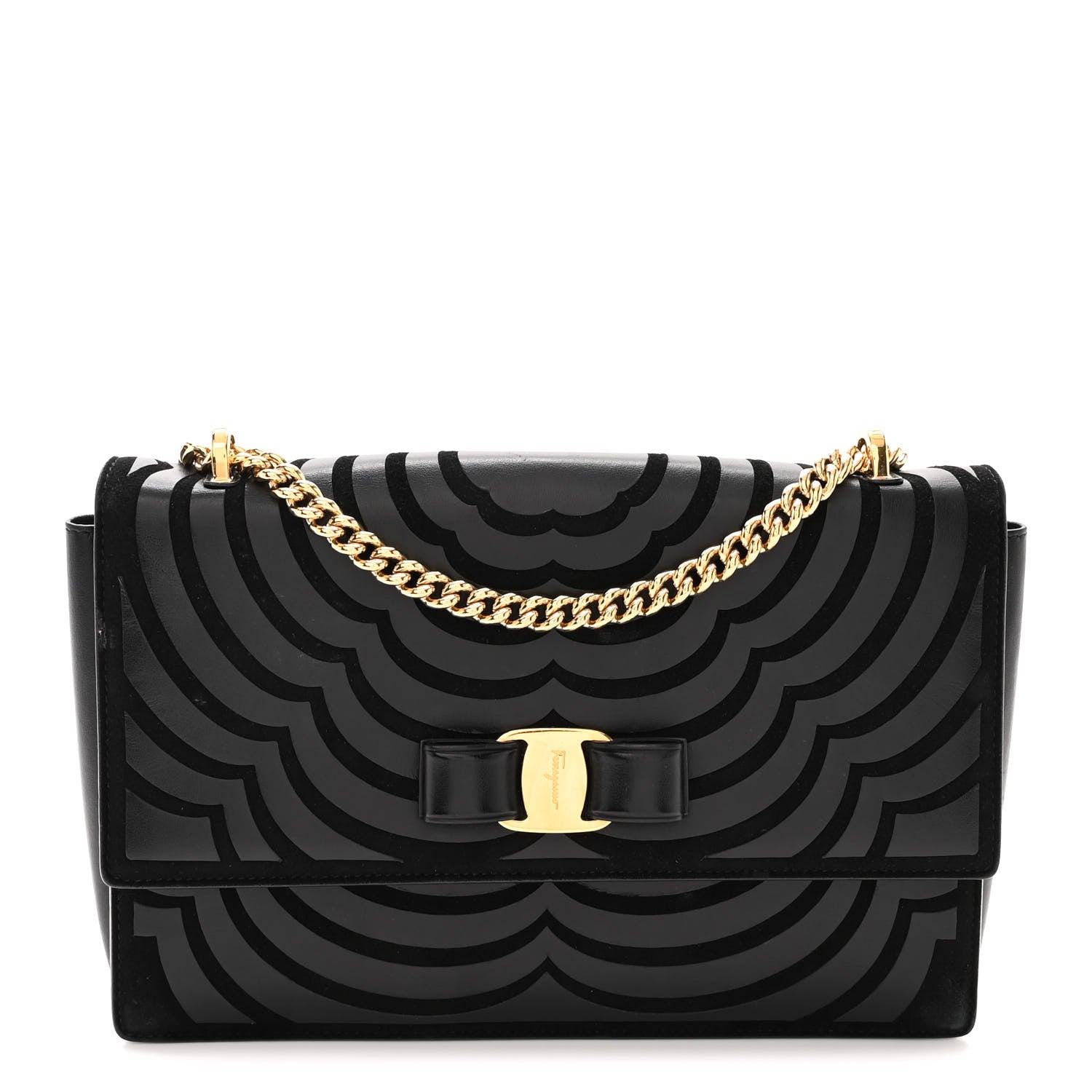 Salvatore Ferragamo Calfskin Suede Vara Bow Chain Flap Crossbody Black 1 of 15