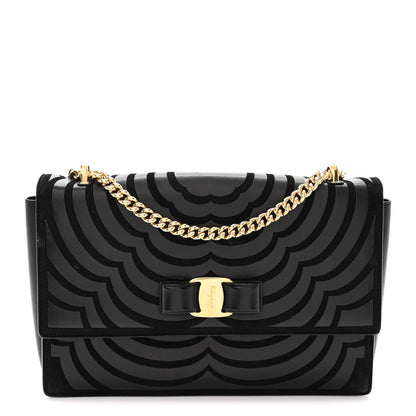 Salvatore Ferragamo Calfskin Suede Vara Bow Chain Flap Crossbody Black 1 of 15
