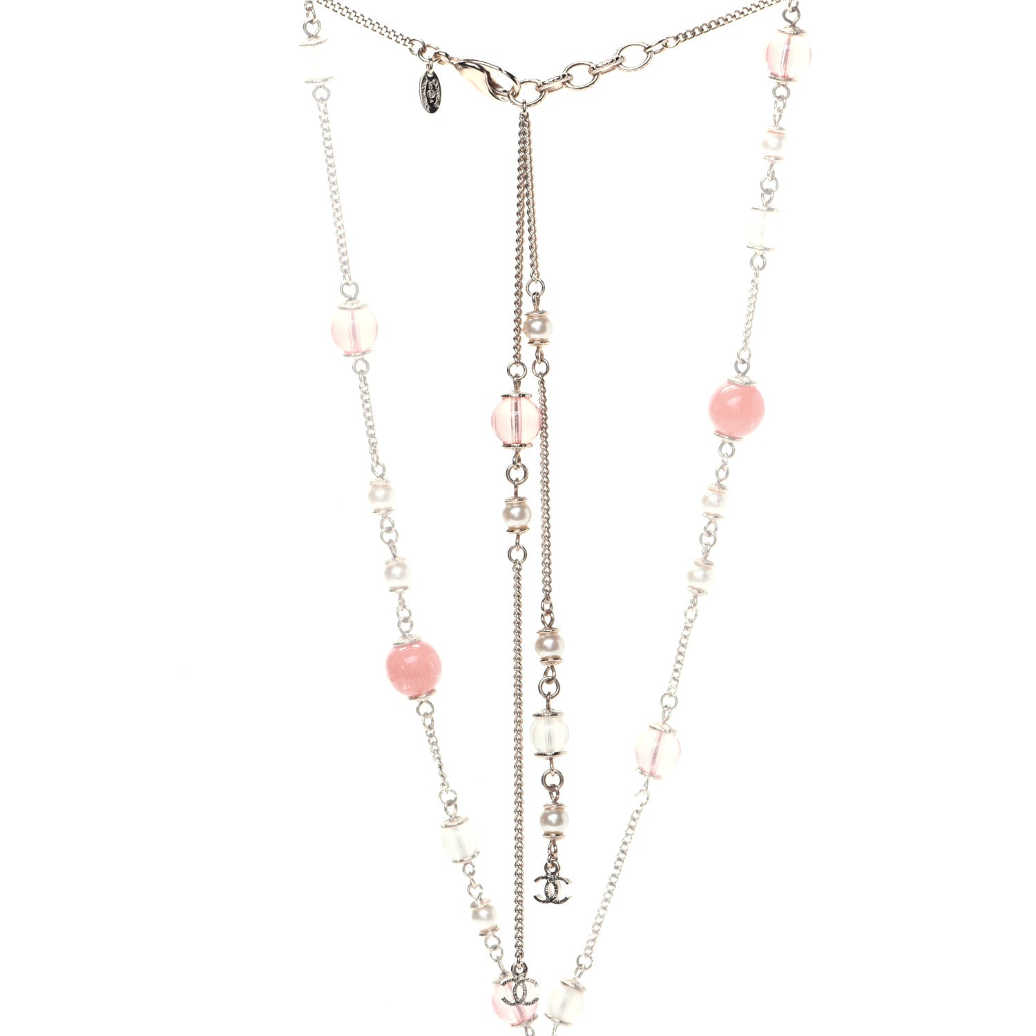 Chanel Beaded Pearl Crystal CC Long Necklace Gold Coral 5 of 7