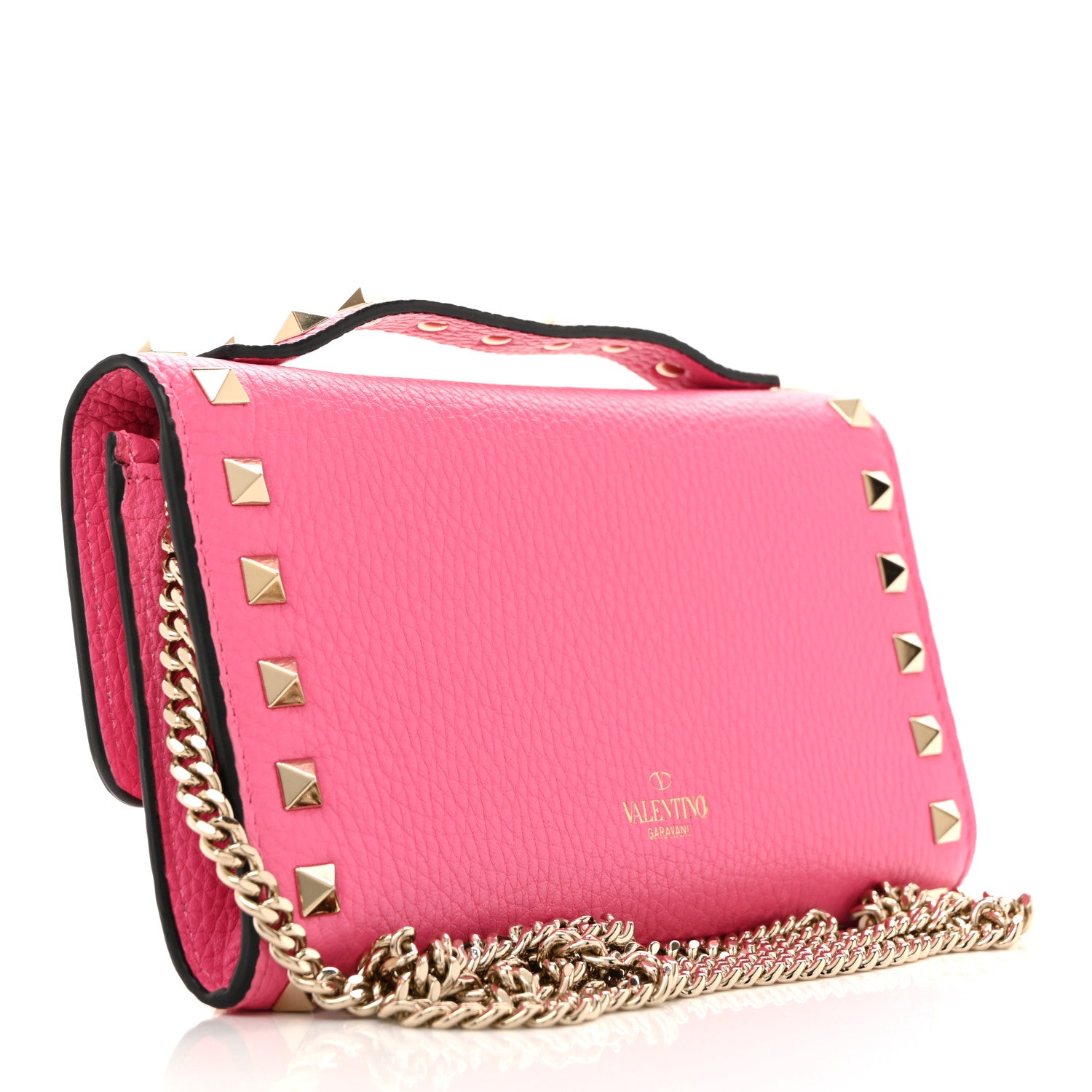 Valentino Garavani Pebbled Calfskin Rockstud Flip Lock Wallet On Chain Feminine Pink 5 of 19