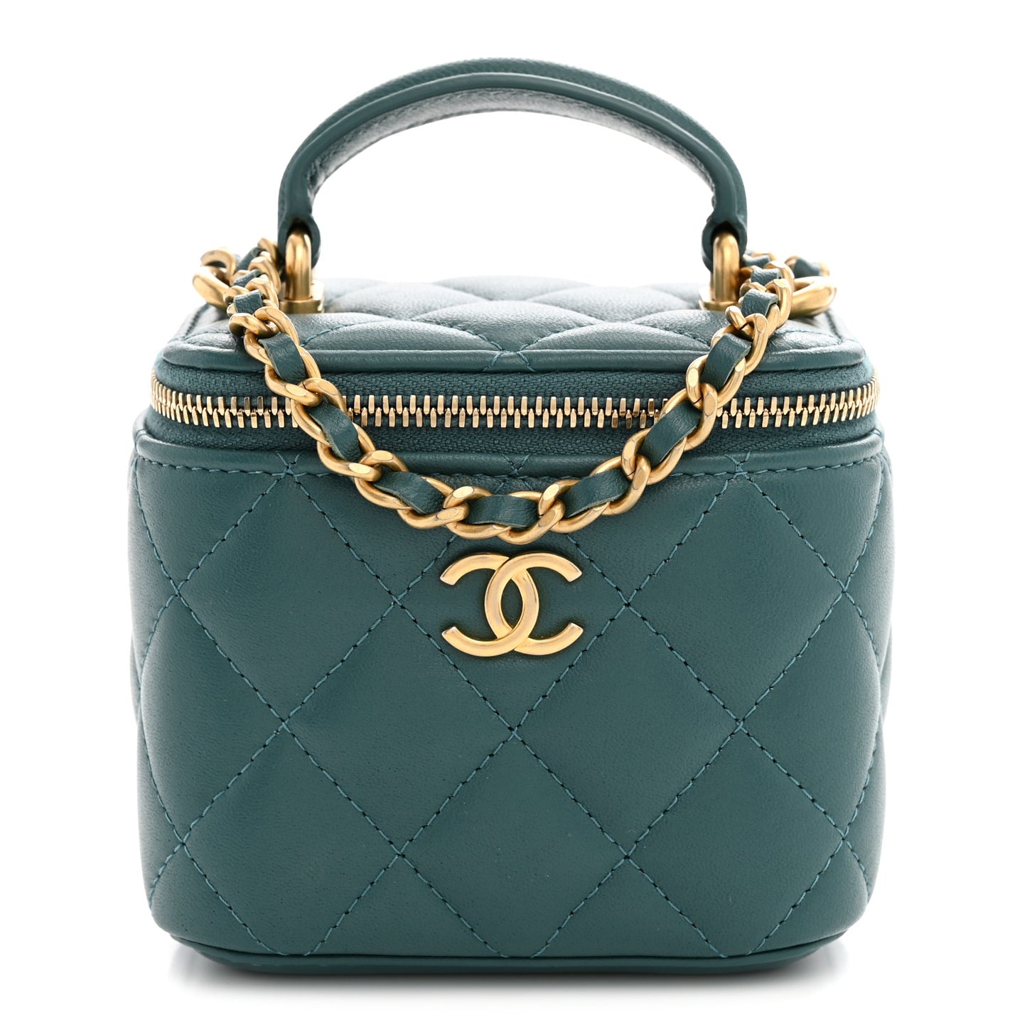 Lambskin Quilted Top Handle Mini Vanity Case With Chain Green