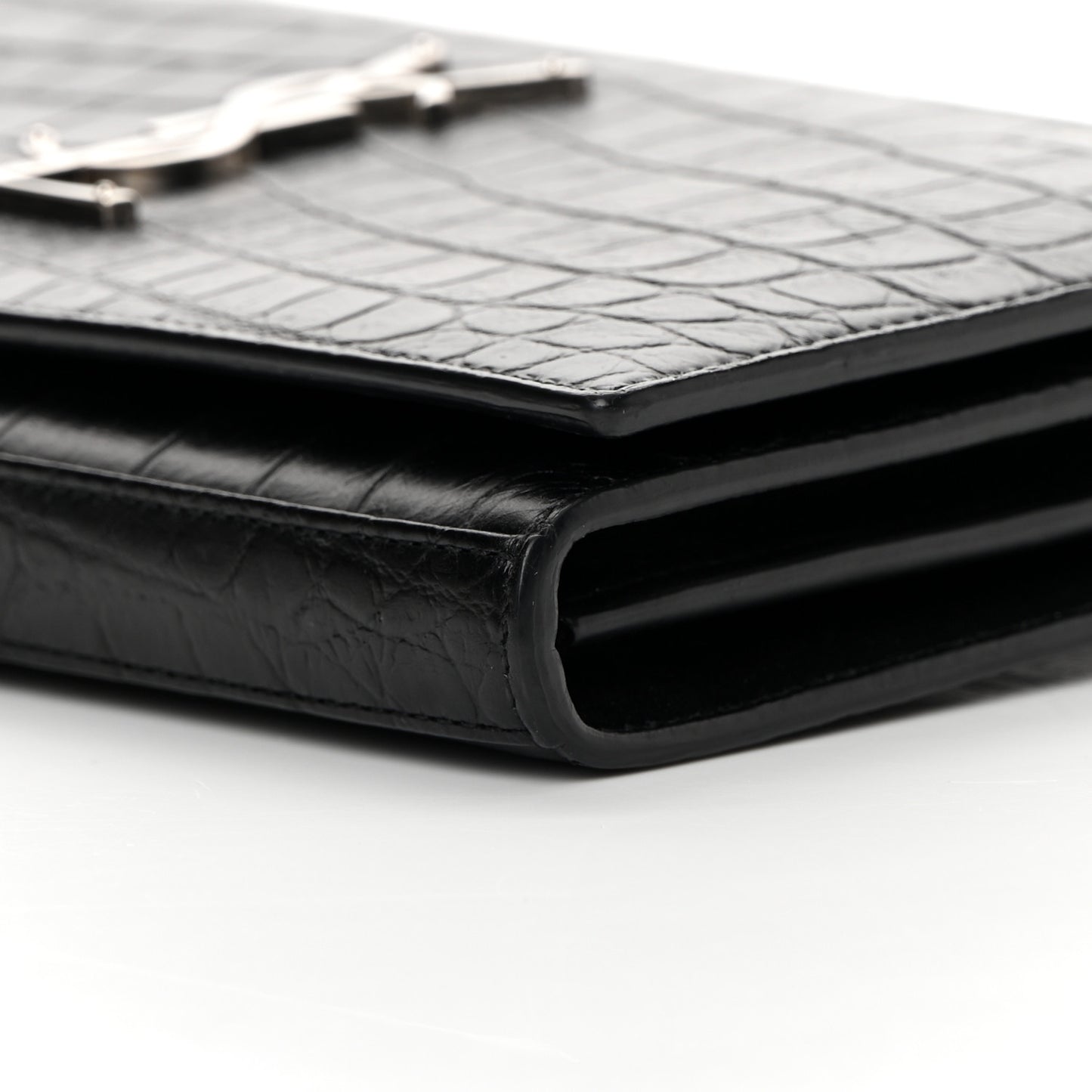 Calfskin Crocodile Embossed Monogram Chain Wallet Black