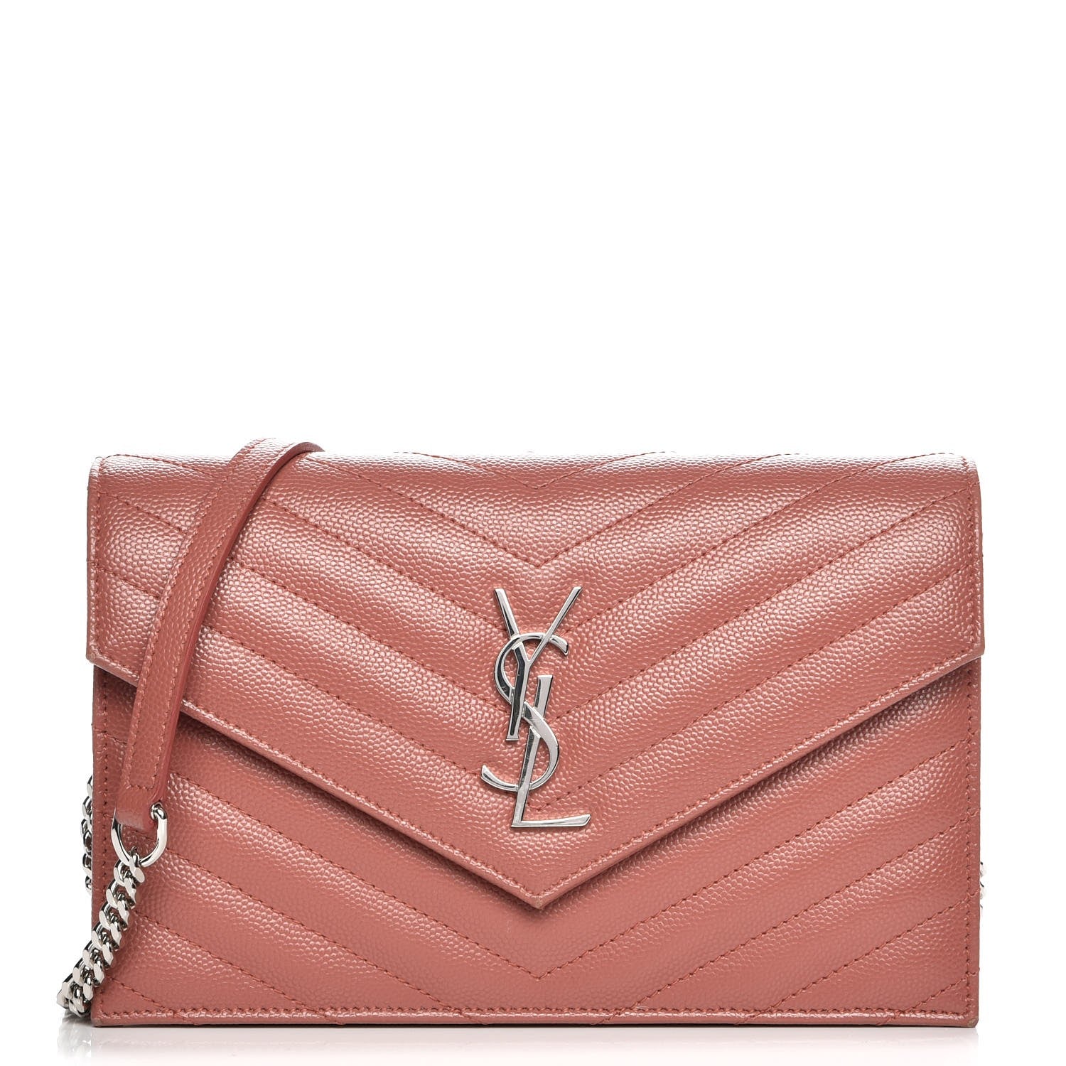 Saint Laurent Grain De Poudre Matelasse Chevron Monogram Envelope Chain Wallet Blush Fonce 1 of 12