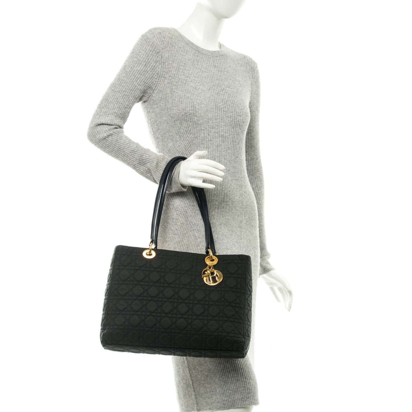 Nylon Cannage Large Lady Dior Tote Black Navy