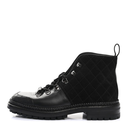 Chanel Suede Calfskin Quilted Lace Up Short Boots 38 Black 1 of 7