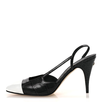 Chanel Patent Calfskin Crocodile Embossed Cap Toe CC Slingback Pumps 38.5 Dark Grey White 1 of 11