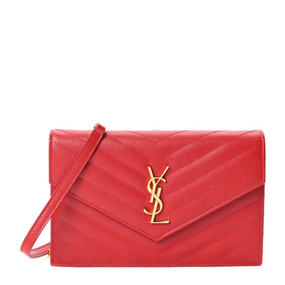 Saint Laurent Grain De Poudre Matelasse Chevron Monogram Envelope Chain Wallet  New Red 1 of 12