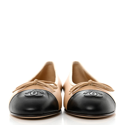 Chanel Lambskin Cap Toe CC Ballerina Flats 39 Beige Black 2 of 9