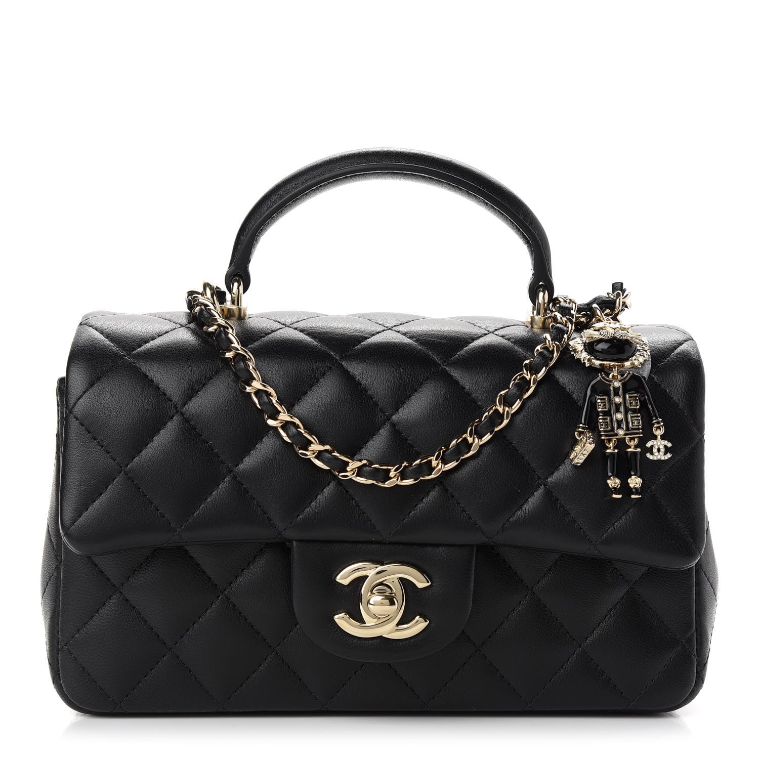 Chanel Lambskin Quilted Mini Lion Charm Top Handle Rectangular Flap Black 1 of 9