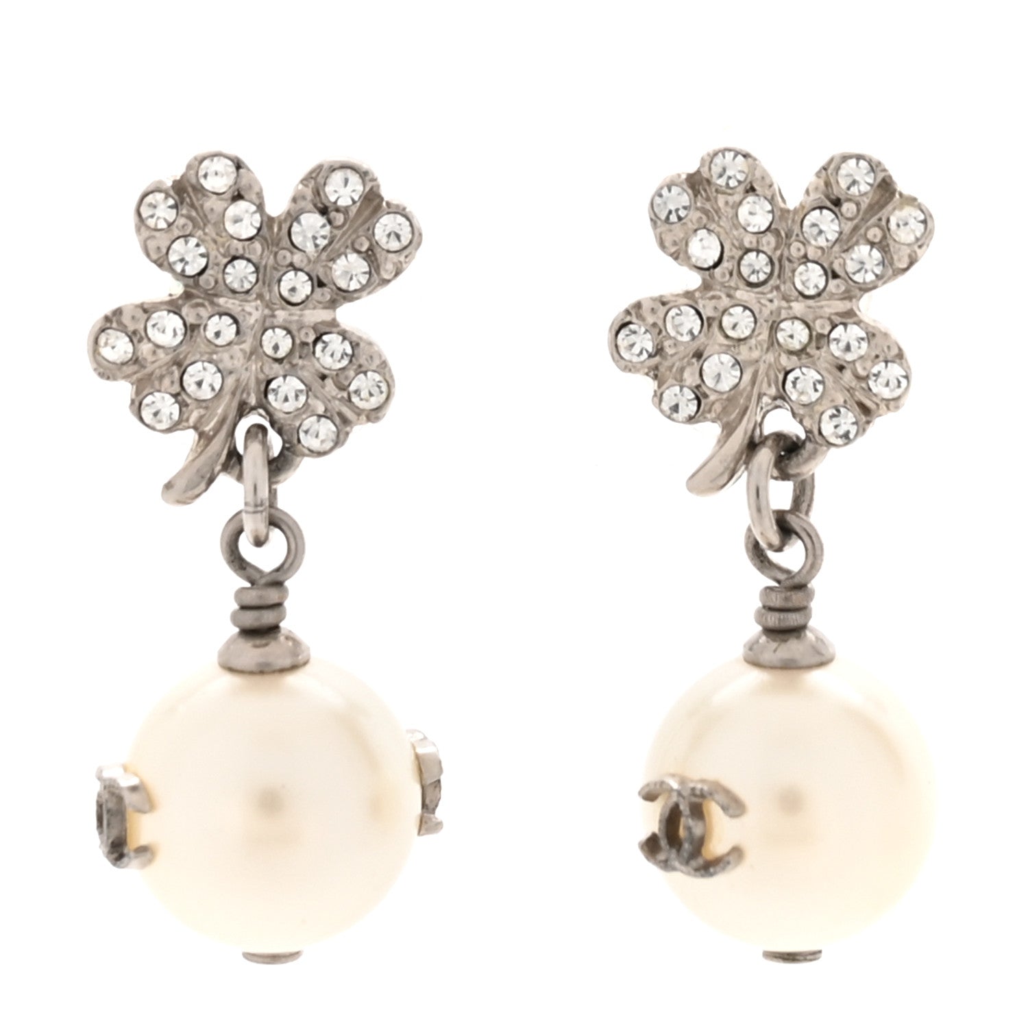 Chanel Crystal Pearl CC Clover Drop Earrings Silver 1 of 4