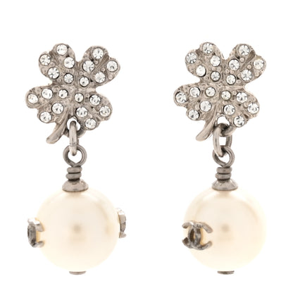 Chanel Crystal Pearl CC Clover Drop Earrings Silver 1 of 4