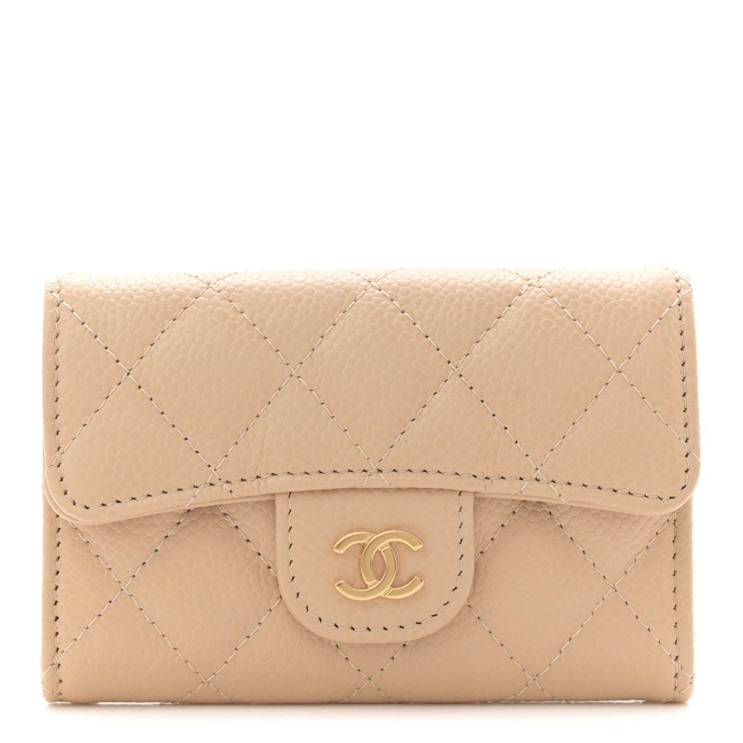 Caviar Quilted Flap Card Holder Wallet Beige
