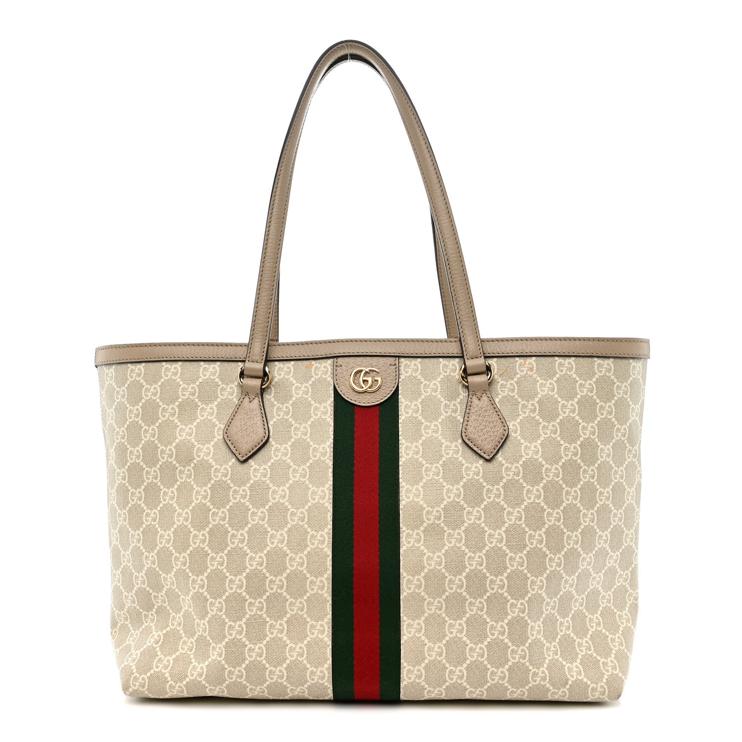 Gucci GG Supreme Monogram Textured Dollar Calfskin Web Medium Ophidia Shopping Tote Beige Mystic White Oatmeal 1 of 15