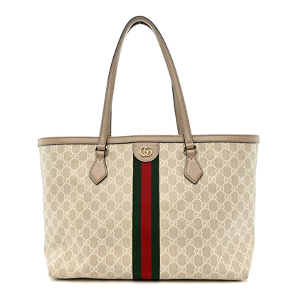 Gucci GG Supreme Monogram Textured Dollar Calfskin Web Medium Ophidia Shopping Tote Beige Mystic White Oatmeal 1 of 15