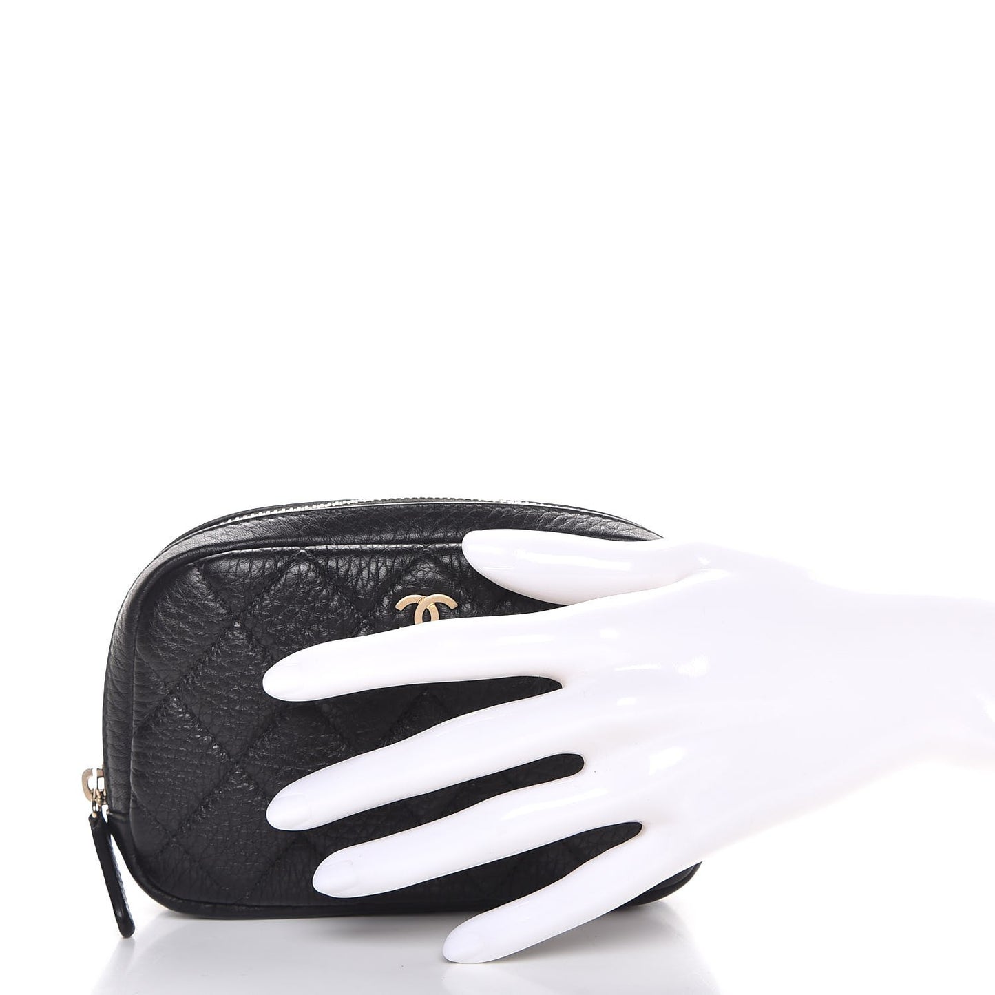 Grained Calfskin Quilted Small Curvy Pouch Cosmetic Case Black