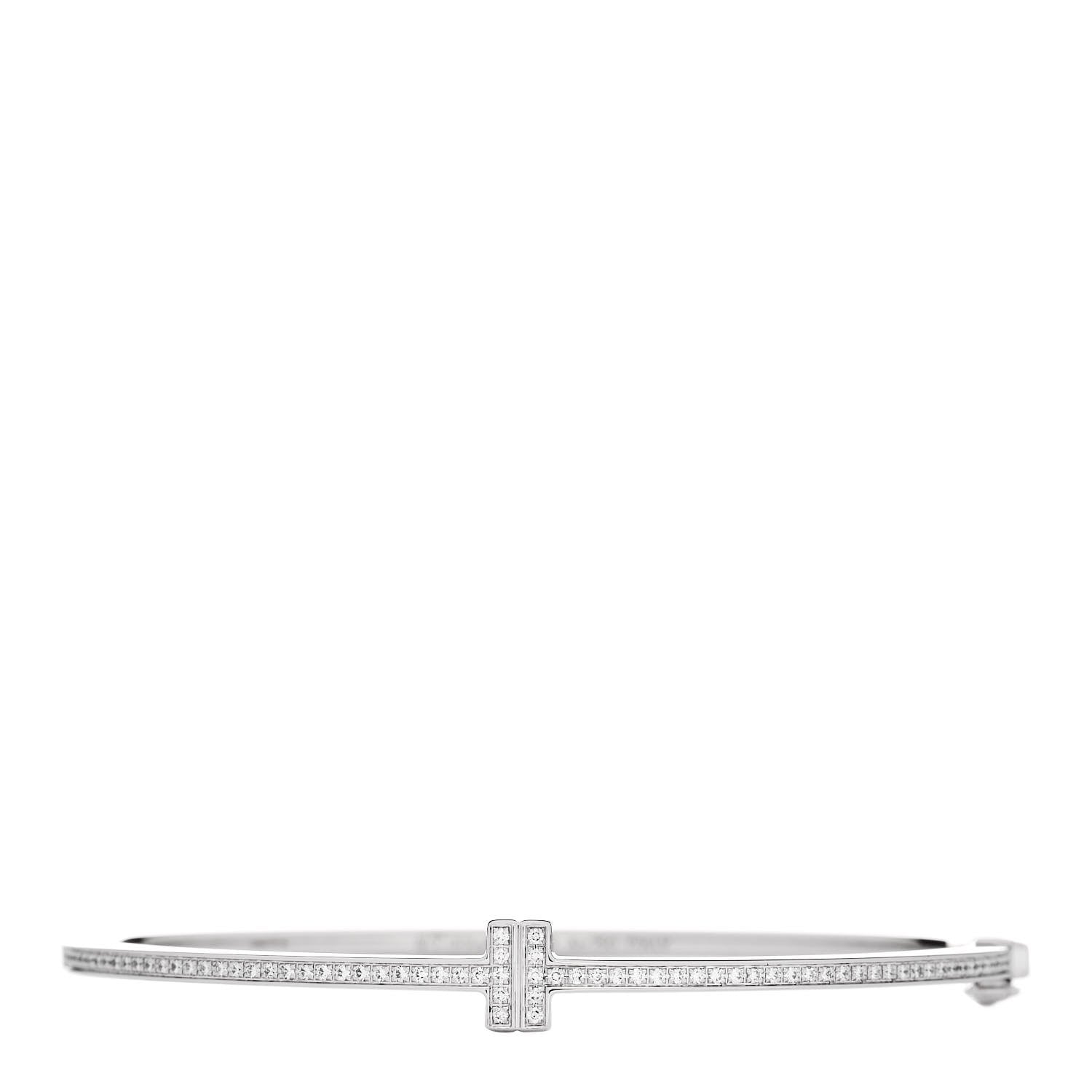 Tiffany 18K White Gold Diamond T Hinged Wire Bangle Bracelet 1 of 5