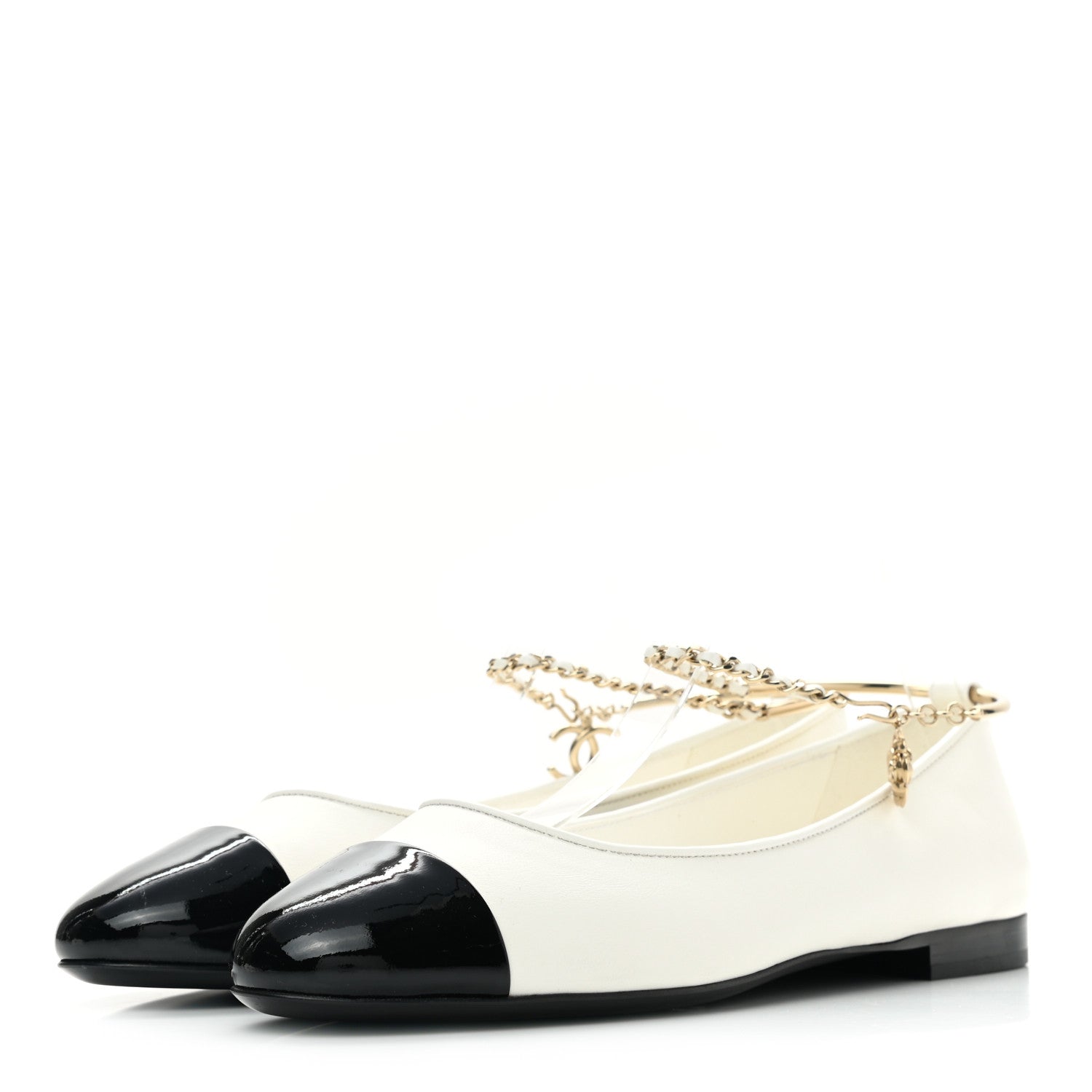 Chanel Lambskin Patent Calfskin Cap Toe Ankle Chain Ballerina Flats 39 White Black 3 of 10