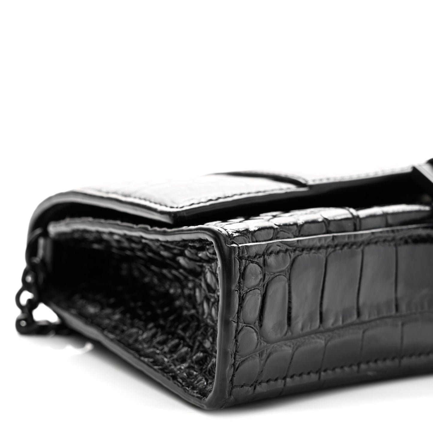Shiny Calfskin Monochrome Crocodile Embossed Hourglass Chain Bag Black