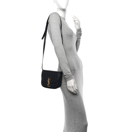 Crocodile Embossed Calfskin Small Kaia Satchel Black