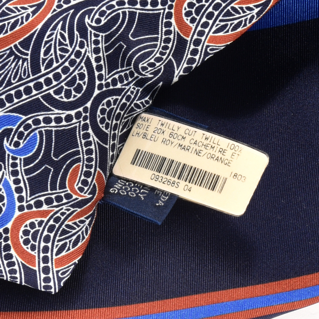 Silk Cachemire Et Rayure Maxi Twilly Cut Bleu Roy Marine Orange