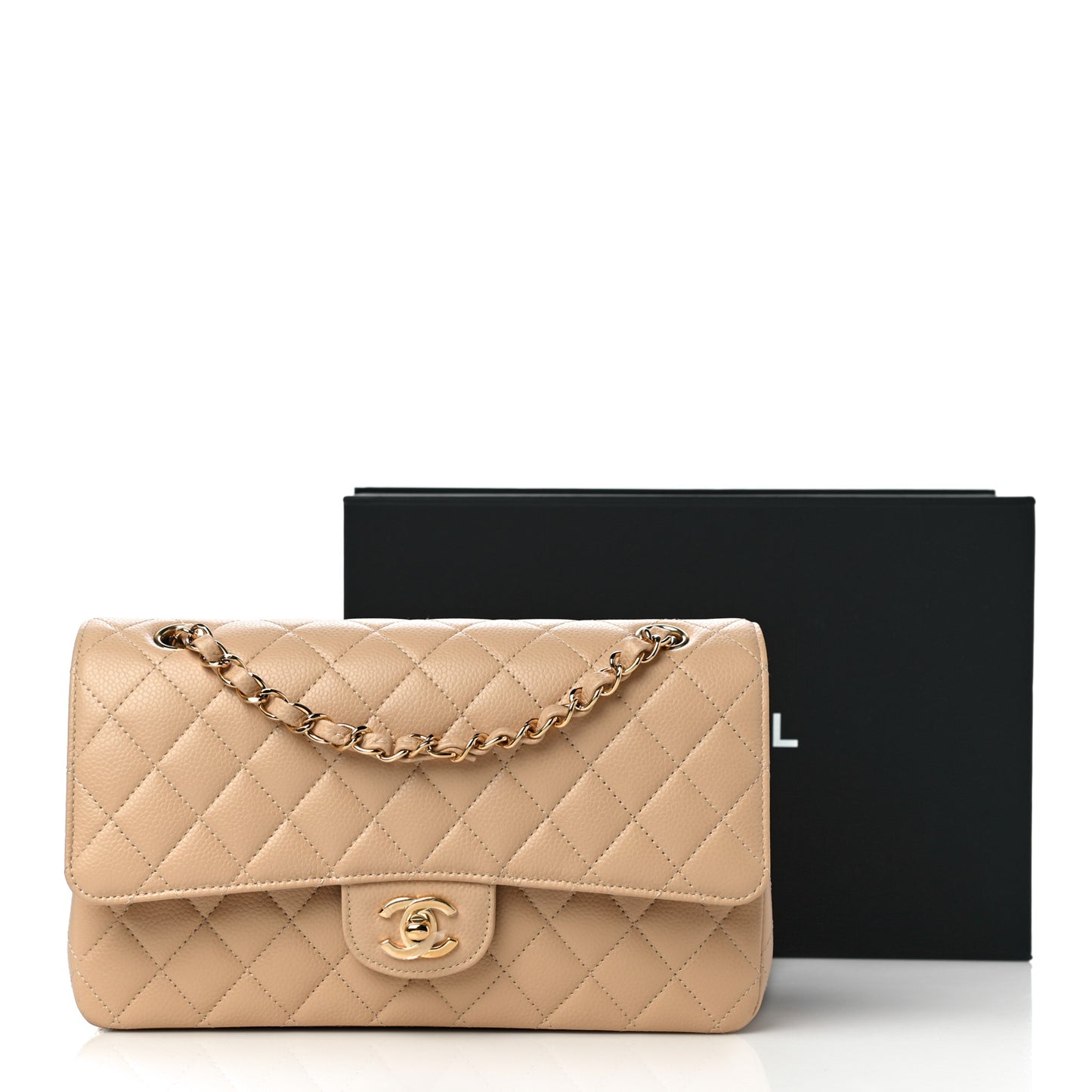 Caviar Quilted Medium Double Flap Beige