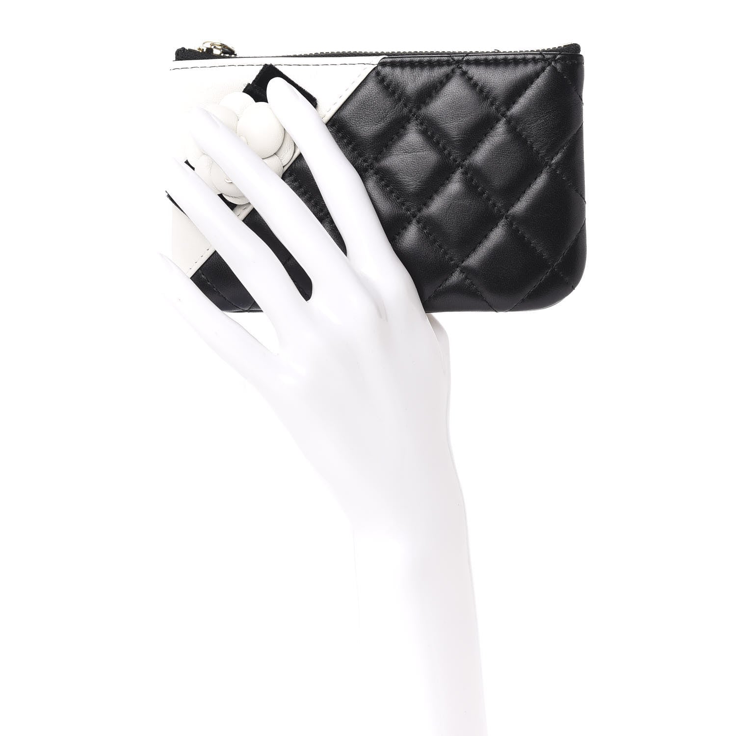Chanel Lambskin Quilted Small Camellia Cosmetic Pouch Black White 2 of 8