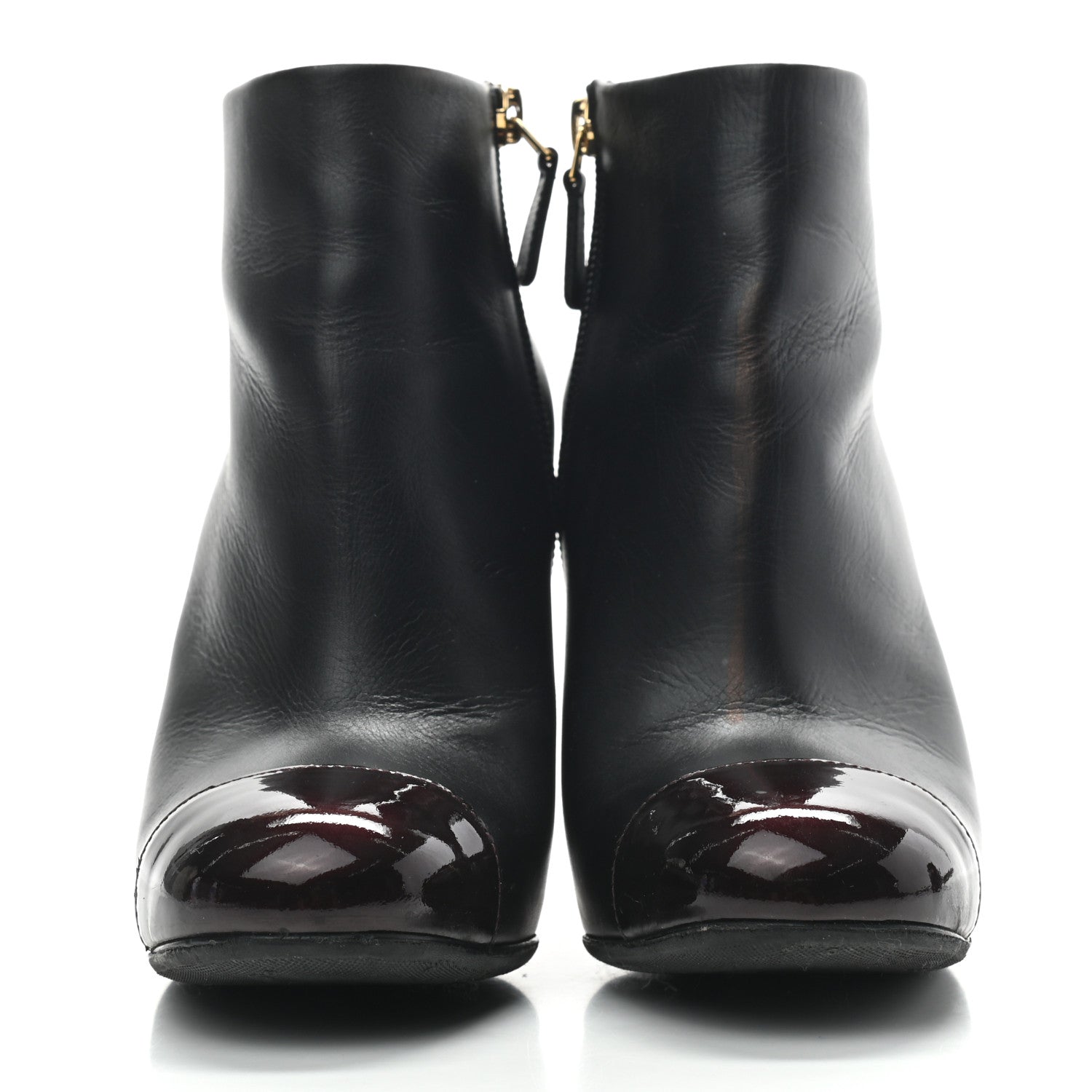 Chanel Calfskin Patent CC Cap Toe Ankle Boots 36.5 Black Burgundy 2 of 9