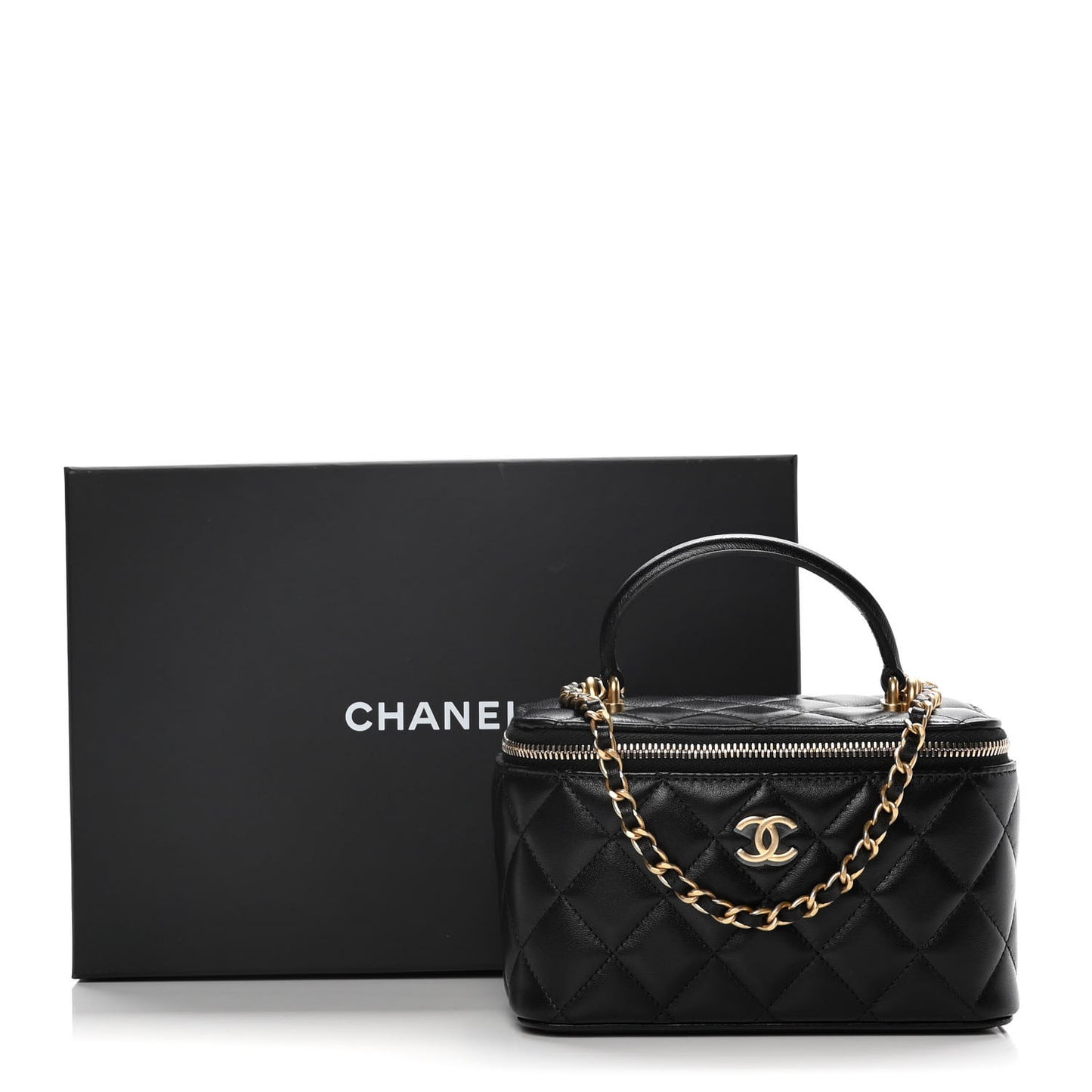 Lambskin Quilted Small Top Handle Vanity Case With Chain Black