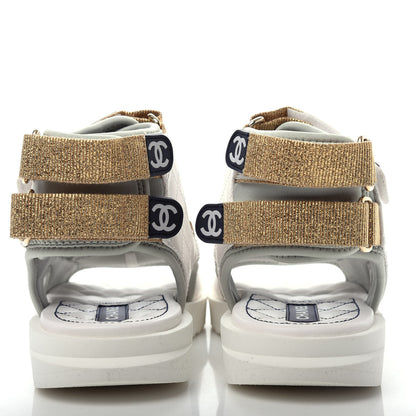 Chanel Goatskin Fabric Gladiator Sandals 37 White Light Grey Navy Blue 7 of 11