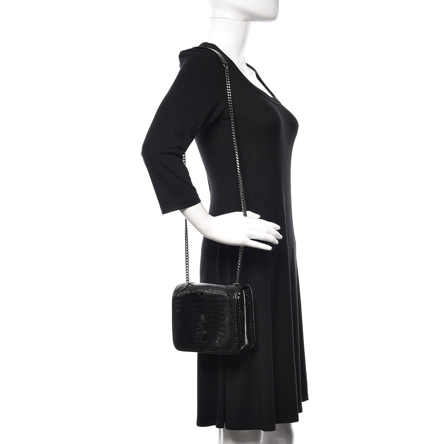 Saint Laurent Crocodile Embossed Lambskin Matelasse Monogram Niki Chain Wallet Black 2 of 10
